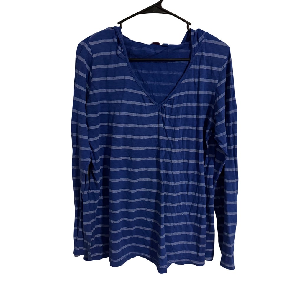 Fresh Produce Womens Blue Striped Long Sleeve V-Neck Hooded Top Size MD/LG